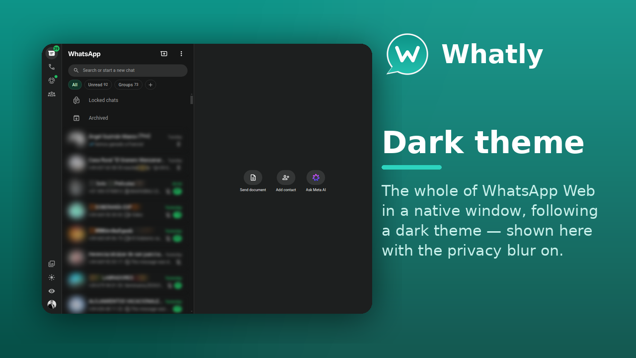 Whatly's main window in a dark theme, with the privacy blur on
